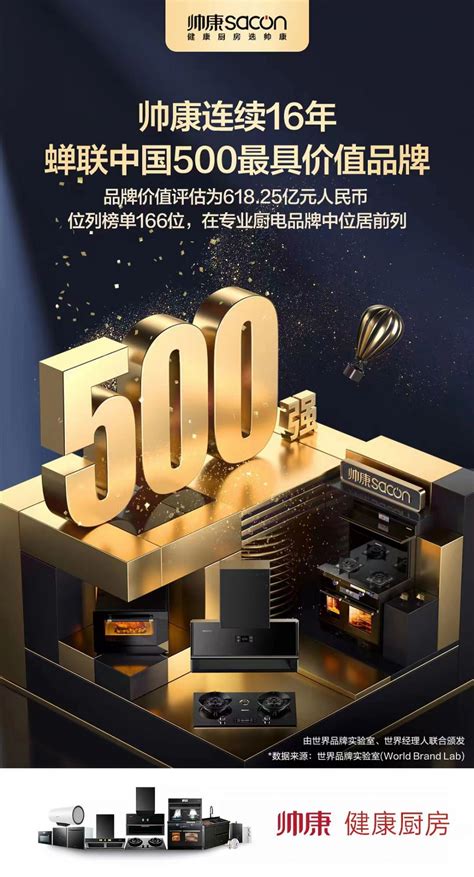 帅康连续16年蝉联“中国500最具价值品牌”，以健康引领厨电行业升级！驱动中国