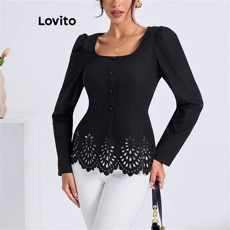 Lovito Elegant Plain Eyelet Embroidery Button Blouse For Women Lbl