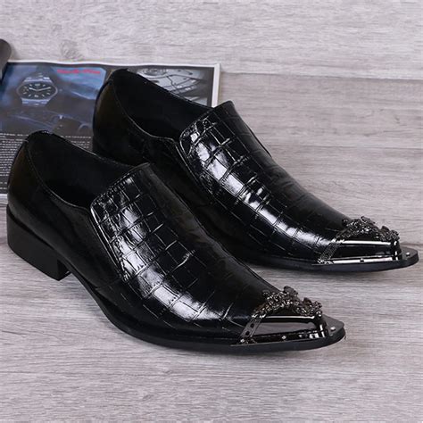 Akamatsu Crocodile Print Mens Leather Dress Shoes Steel Pointed Toe Party Business Shoes Men Med