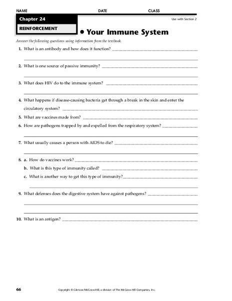 Immune System Activity Worksheet