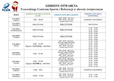 Godziny otwarcia w okresie świątecznym TCSiR Tczewskie Centrum