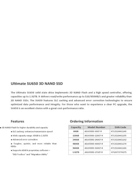 Adata Datasheet Ultimate SU650 | PDF | Solid State Drive | Flash Memory