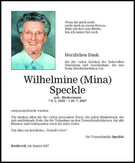 Todesanzeigen Von Wilhelmine Mina Speckle Todesanzeigen