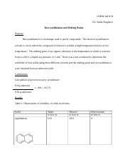 Recrystallization And Melting Points Lab Report Docx CHEM 3401CB TA