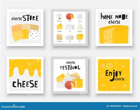 Hand Drawn Cheese Collection Including Feta Mozzarella Swiss