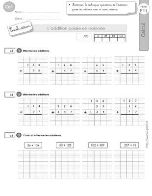 CE1 cycle2 EVALUATIONS CORRIGEES L addition posée avec et sans retenue