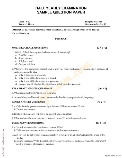 Class 8 Science Sample Paper Half Yearly 2024 25 8th Science Half Yearly Model Question Paper