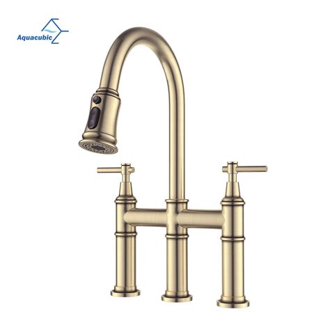 Aquacubic Cupc Brushed Gold Bridge Kitchen Faucet With Pull Down