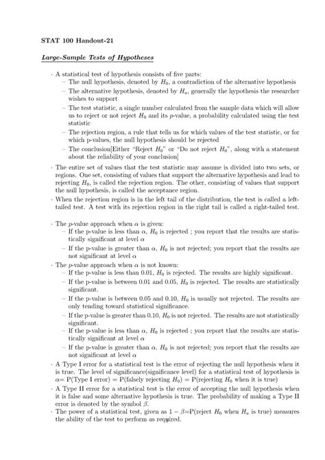 Handout Hypothesis Testing Mean Stat Handout Large Sample