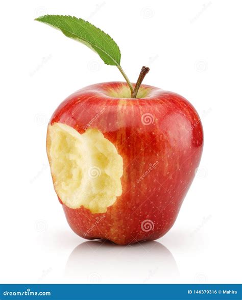 Manzana Roja Mordida Con La Hoja Aislada En Blanco Foto De Archivo