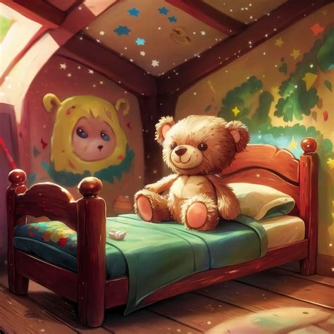 Premium Photo | Teddy bear on single wooden bed in natural kids bedroom