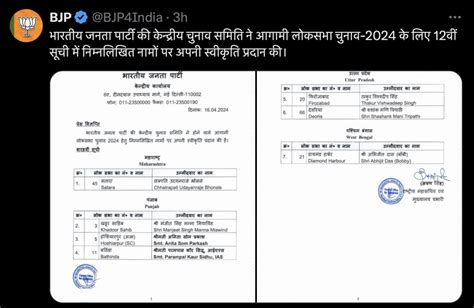 लोकसभा चुनाव 2024 भाजपा ने जारी की 12वीं सूची 7 उम्मीदवारों के नामों