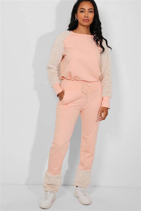 Peach Faux Fur Details Lounge Tracksuit Singleprice