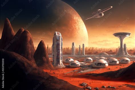 Dome city on mars with planets in the background sci-fi landscape Stock ...