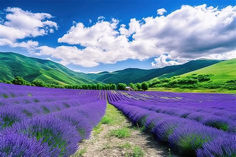 Countryside Field Of Lavender In The Mountains Background High