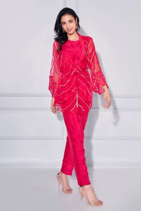 Buy Red Dupion Silk Embroidered Sequin Poncho Sheer Embellished Pant