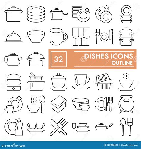 Dishes Thin Line Icon Set Kitchen Symbols Collection Vector Sketches Logo Illustrations