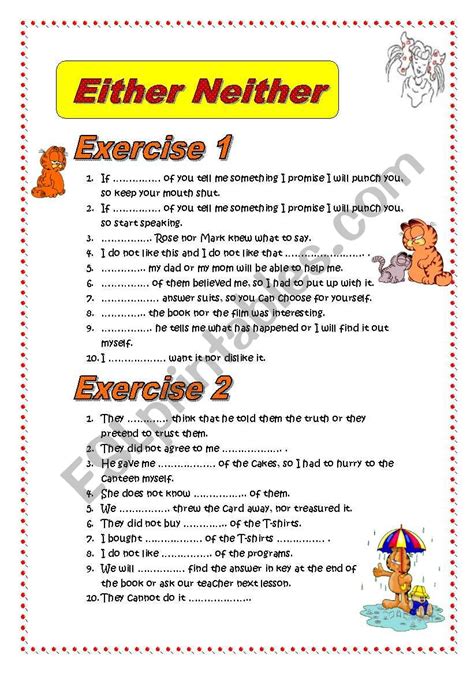 4 Exercises 40 Sentences Either Or Neither Esl Worksheet By Allakoalla