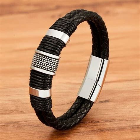 Armband Herren Leder Edelstahl Magnetverschluss Schwarz Gold Silber