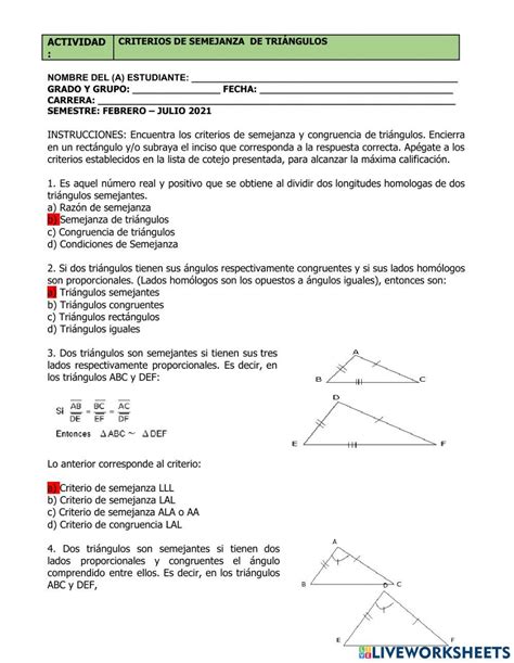 Triangulos Semejantes Exercise Live Worksheets