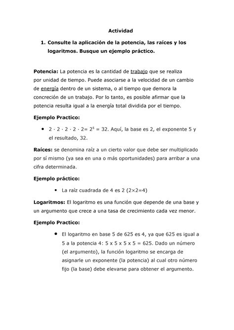 Potencias Logaritmos Y Raices Actividad Consulte La Aplicación De La Potencia Las Raíces Y