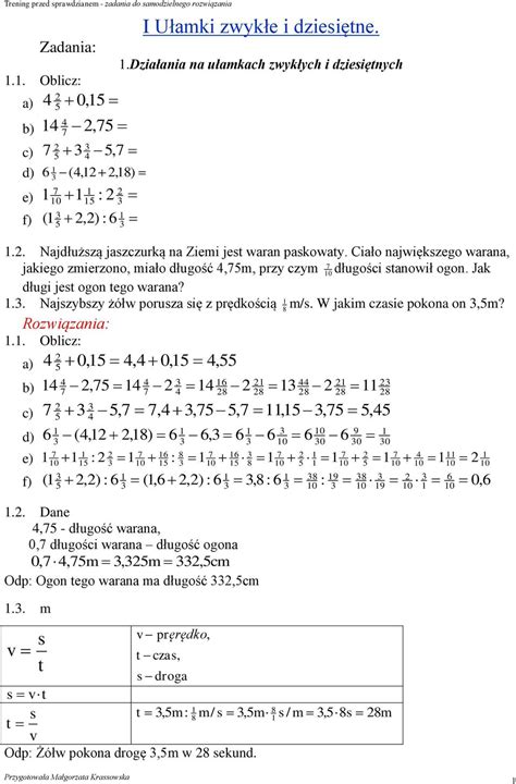 I Ułamki Zwykłe I Dziesiętne Zadania 1działania Na Ułamkach Zwykłych