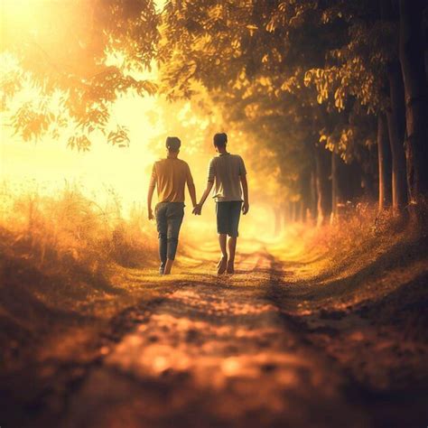 Premium Ai Image Two Men Holding Hands While Walking Down A Dirt Road