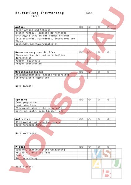 Arbeitsblatt Beurteilung Tiervortrag Biologie Tiere