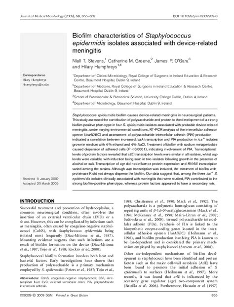 Pdf Biofilm Characteristics Of Staphylococcus Epidermidis Isolates