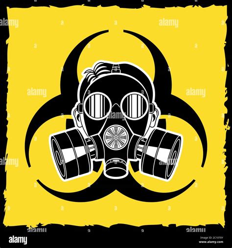 Little Boy In A Gas Mask On Yellow Background Biohazard Symbol Vector