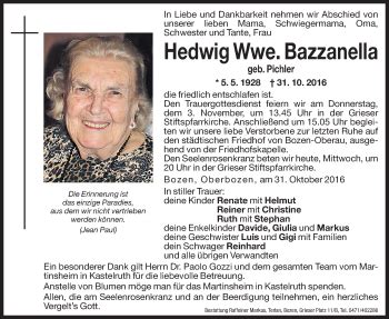 Traueranzeigen Von Hedwig Bazzanella Trauer Bz