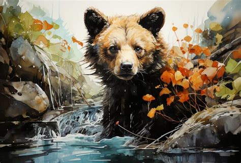 Premium Ai Image Painting Of A Bear In A Stream With Water And Leaves