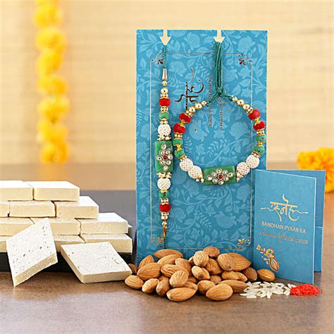 Green Pearl Lumba Rakhi Set And Almonds With Kaju Katli Canada Gift