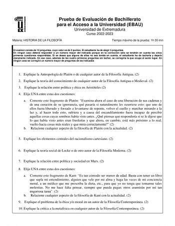 Examen De Historia De La Filosof A De Extremadura Ebau De