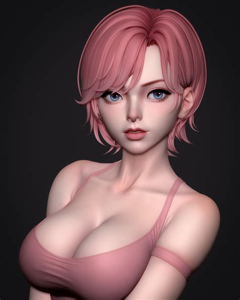 Wallpaper Wen Shui Mao CGI Women Pink Hair Blue Eyes Portrait