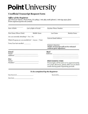 Fillable Online Point Unofficial Transcript Request Form Point