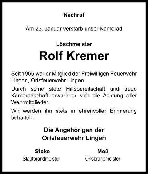 Traueranzeigen Von Rolf Kremer Noz Trauerportal