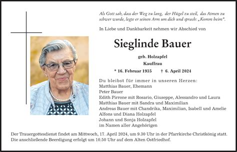 Traueranzeigen Von Sieglinde Bauer Augsburger Allgemeine Zeitung