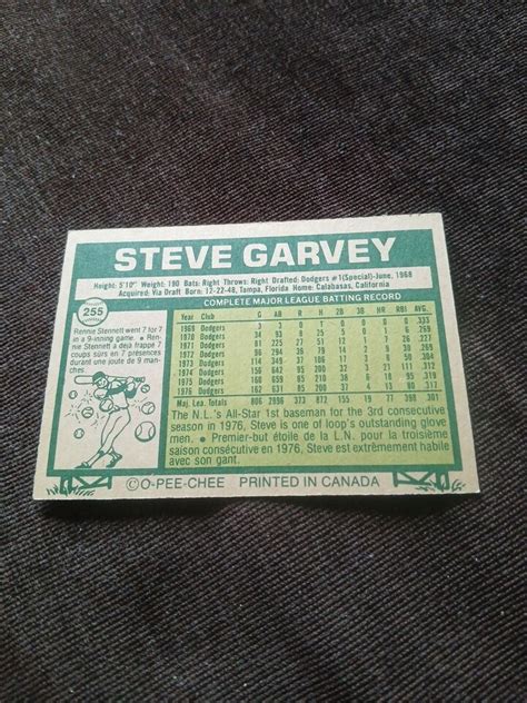 O Pee Chee Opc Baseball Steve Garvey Los Angeles Dodgers