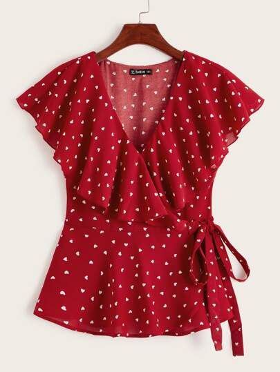 SHEIN Heart Print Ruffle Trim Wrap Knotted Top Abiti Magliette