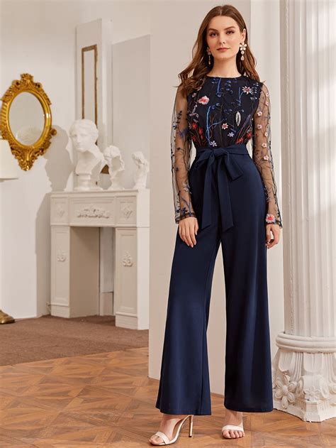 Shein Floral Embroidered Mesh Bodice Belted Jumpsuit Artofit