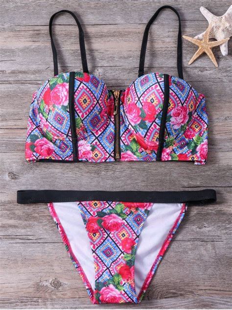 [14 Off] 2021 Floral Printed Cami Zipper Bikini Set In Colormix Zaful