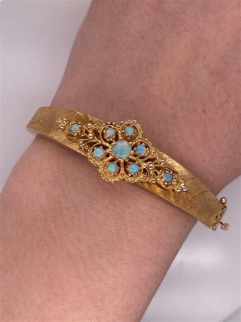 Vintage 14k Yellow Gold Victorian Reproduction Opal Bangle Bracelet For