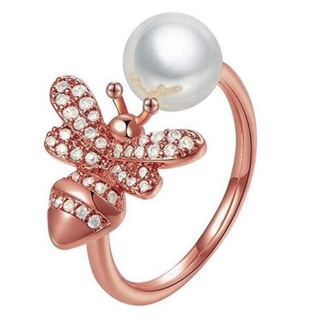 Bague ajustable abeille et perle acier cuivré rose Achat Vente