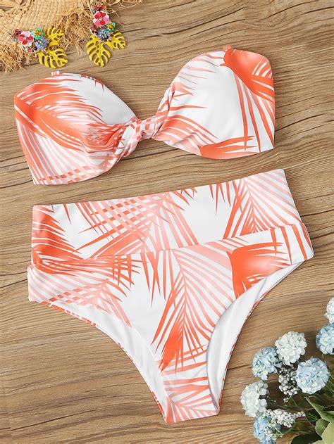 Set De Bikini Bandeau Girante Con Estampado De Palma