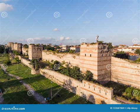 Aerial Drone View Of Ancient Constantinople`s Walls In Istanbul