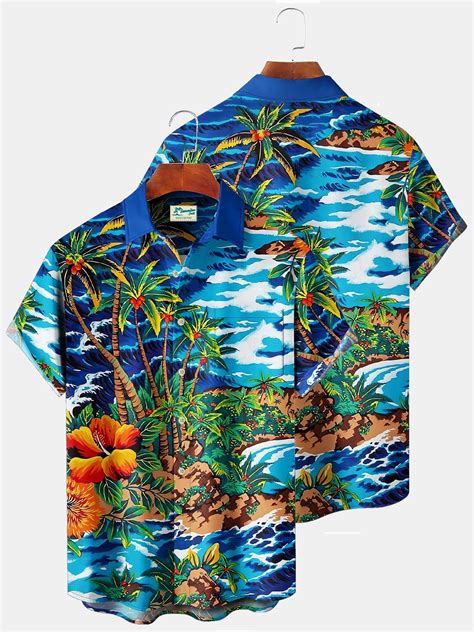 Royaura Beach Vacation Blue Men S Hawaiian Shirt Coconut Tree Stretch