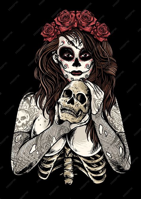 Premium Vector Women With Skull Head Design Vector