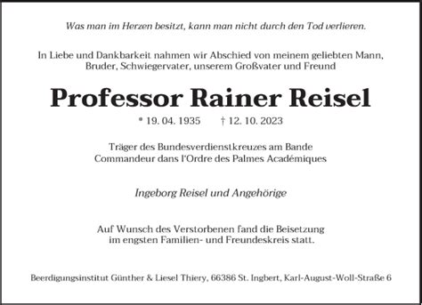 Traueranzeigen Von Rainer Reisel Saarbruecker Zeitung Trauer De