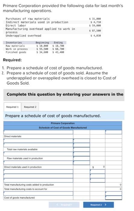 Solved Primare Corporation Provided The Following Data For Chegg